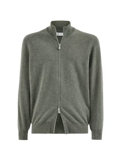 Brunello Cucinelli Cashmere High-neck Cardigan With Zipper In Gray