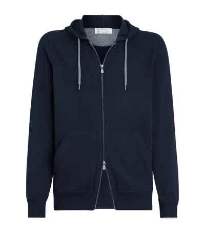 Brunello Cucinelli Cashmere Hooded Cardigan In Blue
