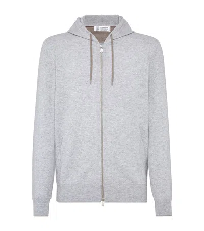 Brunello Cucinelli Cashmere Hooded Cardigan In Gray