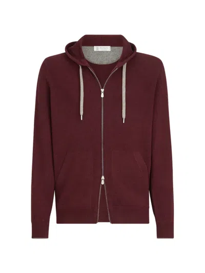 Brunello Cucinelli Cashmere Hooded Knit Sweatshirt With Zipper In Red