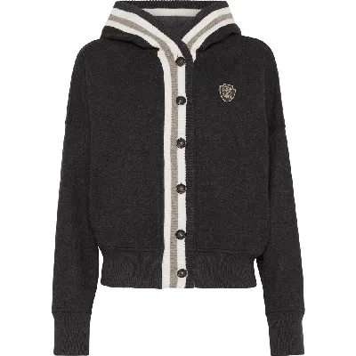 Brunello Cucinelli Cashmere Interlock Hooded Sweatshirt With Logo In Medium Grey