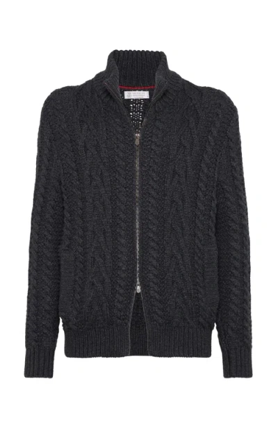 Brunello Cucinelli Cashmere Irish Cable Turtleneck Cardigan In Grey