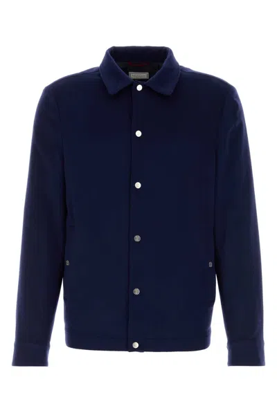 Brunello Cucinelli Cashmere Jacket Collared Design Front Pockets In Blue