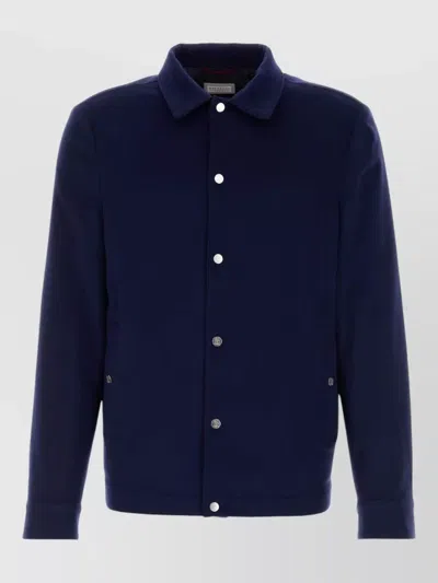 Brunello Cucinelli Cashmere Jacket Collared Design Front Pockets In Blue