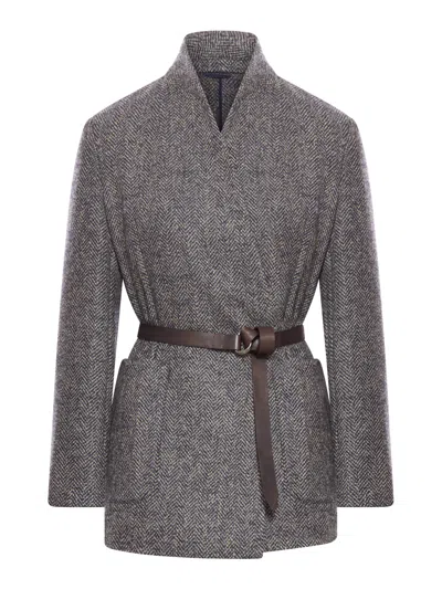 Brunello Cucinelli Cashmere Jacket With Leather Belt In Multi