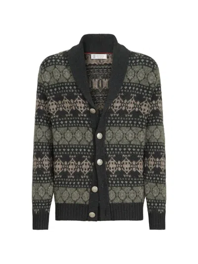 Brunello Cucinelli Cashmere Jacquard Cardigan In Brown