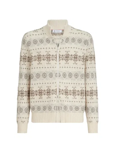 Brunello Cucinelli Cashmere Jacquard High-neck Cardigan With Zipper In Brown