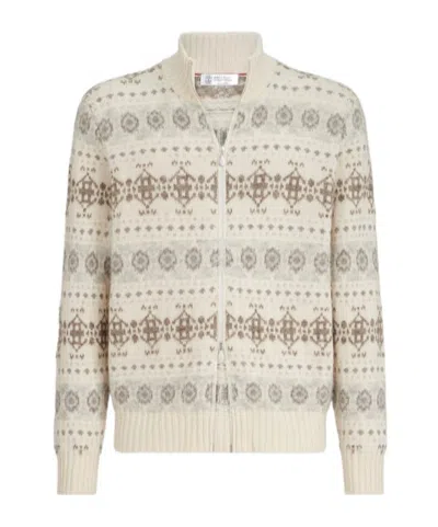 Brunello Cucinelli Cashmere Jacquard High-neck Cardigan With Zipper In Neutral