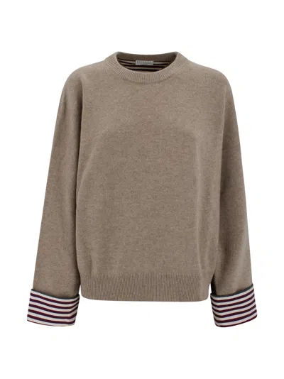 Brunello Cucinelli Cashmere Knit Jumper With Shirt Cuff Accents In Neutral