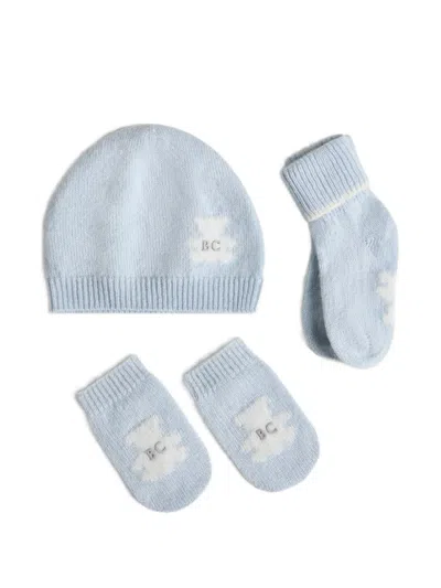 Brunello Cucinelli Cashmere Knit Baby Bernie Beanie, Gloves And Socks Set In Blue