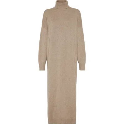 Brunello Cucinelli Beige Cashmere Dress With Precious Details In Brown