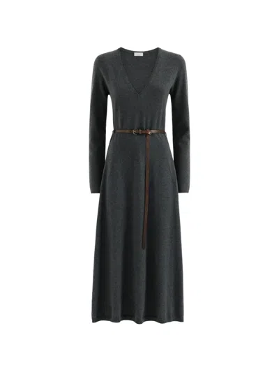 Brunello Cucinelli Belted Bead-embellished Cashmere Knitted Midi Dress In Gray