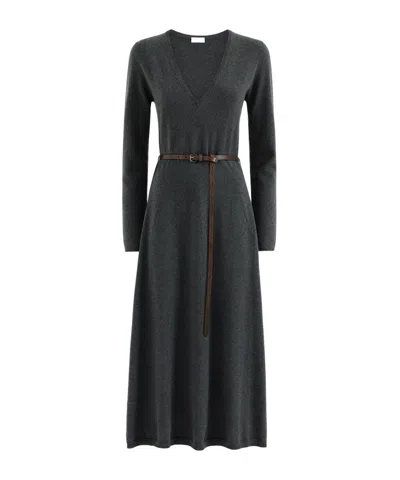Brunello Cucinelli Cashmere Knit Dress With Belt And Monili In Gray