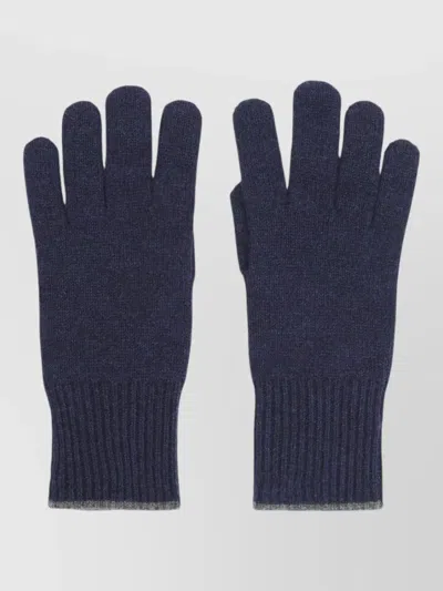 Brunello Cucinelli Cashmere Knit Gloves Full Finger Ribbed Cuffs In Blue