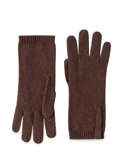 Brunello Cucinelli Cashmere Knit Gloves With Monili In Brown