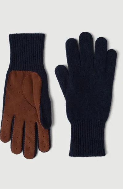 Brunello Cucinelli Cashmere Knit Gloves With Suede Palm In Blue
