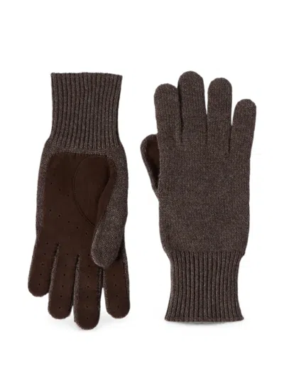 Brunello Cucinelli Cashmere Knit Gloves With Suede Palm In Brown