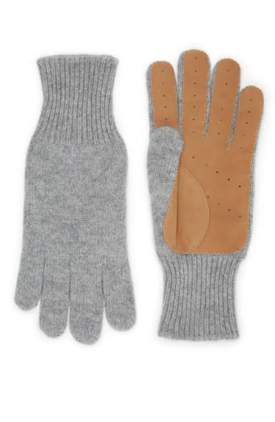 Brunello Cucinelli Leather-trim Cashmere Gloves In Grey