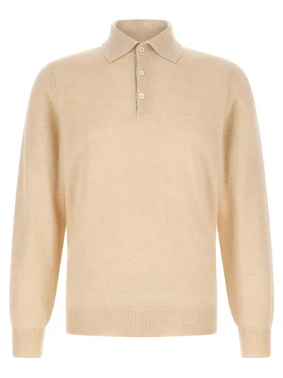 Brunello Cucinelli Cashmere Knit Long Sleeve Polo Shirt In Neutral