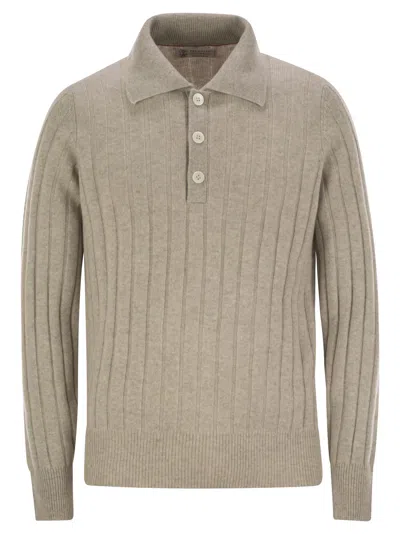 Brunello Cucinelli Cashmere Knit Polo Shirt In Stone