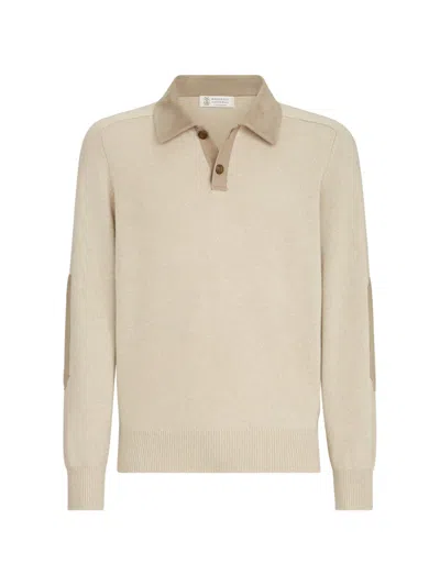 Brunello Cucinelli Cashmere Knit Polo With Suede Collar In Neutral