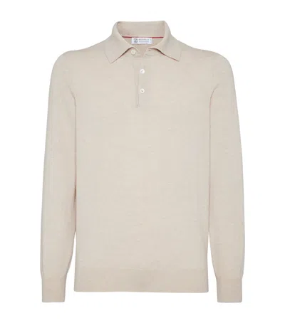 Brunello Cucinelli Cashmere Long-sleeve Polo Sweater In Neutral