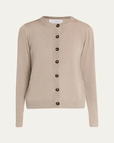 Brunello Cucinelli Cashmere Lurex Crewneck Cardigan In Neutral