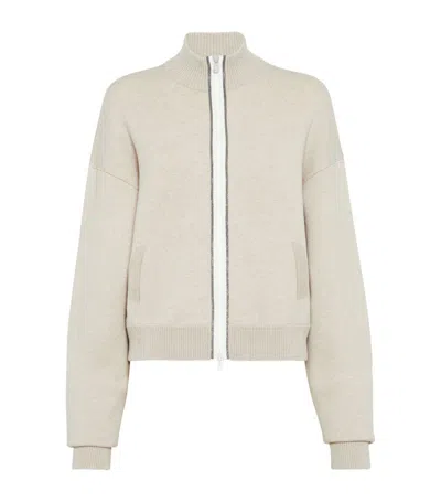 Brunello Cucinelli Cashmere Monili Bomber Jacket In Cool Beige