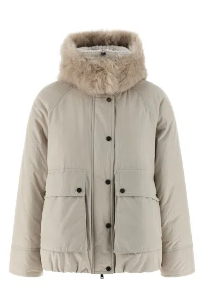 Brunello Cucinelli Cashmere Neck Down Jacket Puffer Jackets Beige In Gray