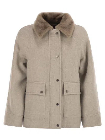 Brunello Cucinelli Cashmere Outerwear With Fur Collar In Neutral