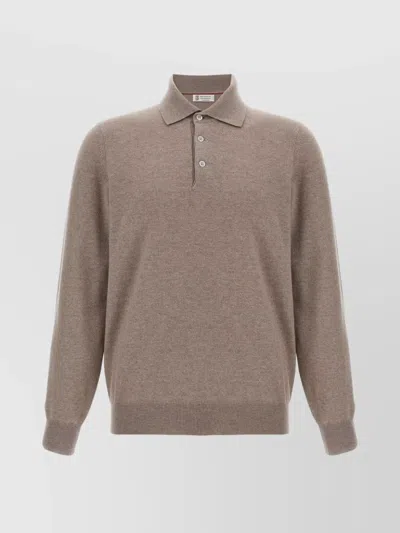 BRUNELLO CUCINELLI CASHMERE POLO RIBBED COLLAR CUFFS HEM