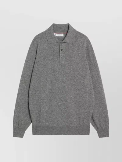 Brunello Cucinelli Cashmere Polo Ribbed Collar Cuffs Hem In Gray