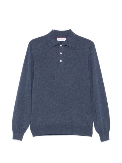 Brunello Cucinelli Pure Cashmere Long-sleeved Polo With Ribbed Collar In Blue