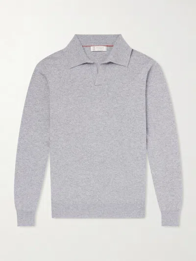 Brunello Cucinelli Light Grey Melange Cashmere Polo In White