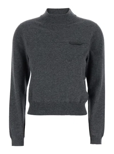 BRUNELLO CUCINELLI BRUNELLO CUCINELLI GREY SWEATER WITH MOCK NECK AND MONIL DETAIL ON THE FRONT IN CASHMERE WOMAN