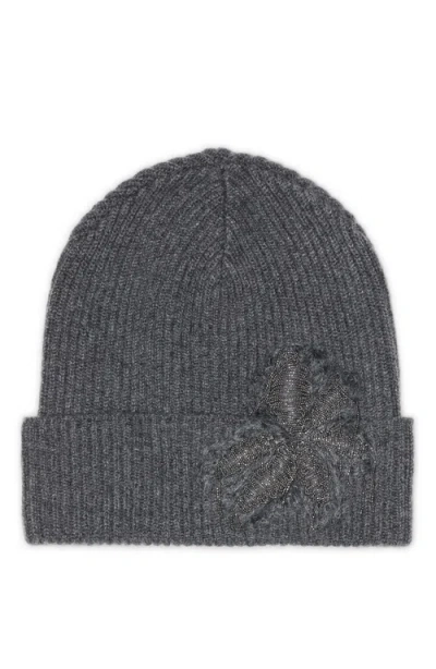 Brunello Cucinelli Beanie With Precious Flower Crest In Grey