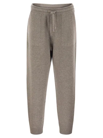 Brunello Cucinelli Cashmere Rib Knit Joggers With Drawstring In Brown