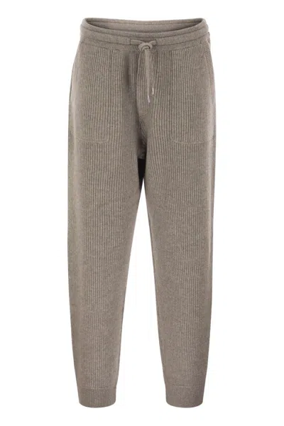 Brunello Cucinelli Cashmere Rib Knit Joggers With Drawstring In Neutral