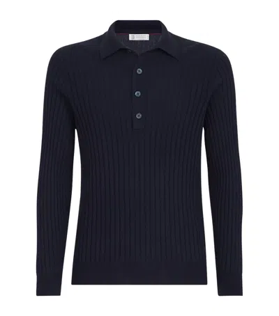 Brunello Cucinelli Cashmere Rib Polo Sweater In Blue
