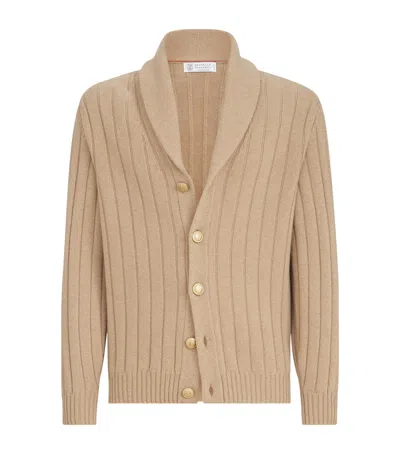 Brunello Cucinelli Cashmere Ribbed Cardigan In Beige