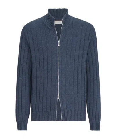 Brunello Cucinelli Cashmere Ribbed Cardigan With Zip In Animal Print