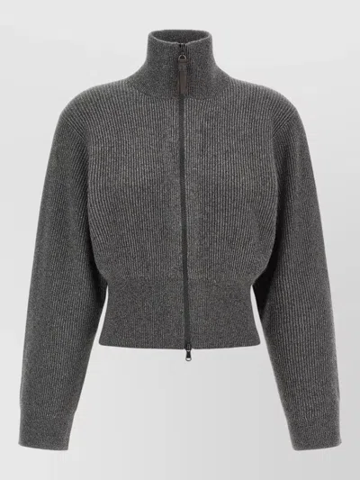 Brunello Cucinelli Cashmere Ribbed Cropped Zip-up Cardigan In Gray