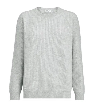 Brunello Cucinelli Cashmere Ribbed Monili-trim Sweater In Gray