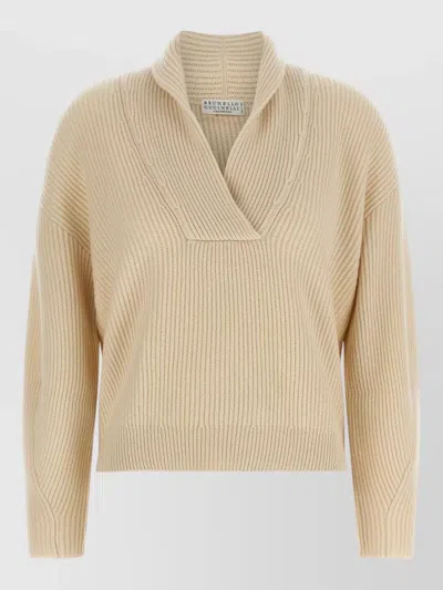 Brunello Cucinelli Cashmere Ribbed V-neck Shawl Collar Sweater In Neutral