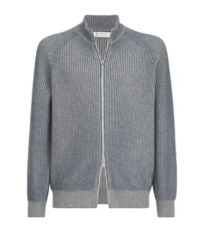 Brunello Cucinelli Cashmere Ribbed Zip-up Cardigan In Gray