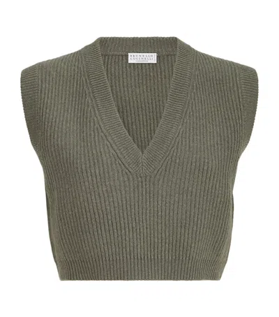 Brunello Cucinelli Cashmere Rib-knit Cropped Sweater Vest In Green