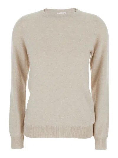 BRUNELLO CUCINELLI BEIGE SWEATER WITH ROUND NECK IN CASHMERE WOMAN