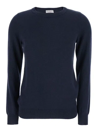 BRUNELLO CUCINELLI BLUE SWEATER WITH ROUND NECK IN CASHMERE WOMAN