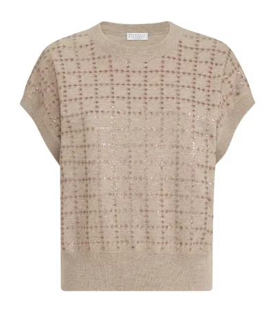 Brunello Cucinelli Cashmere-knit T-shirt With Dazzling Windowpane Embroidery In Brown