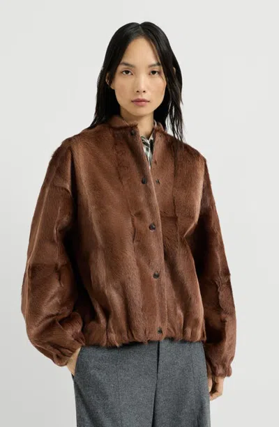 Brunello Cucinelli Cashmere Shearling Bomber Jacket With Monili In Brown